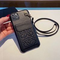 Loewe Anagram iPhone Case with Flap Holder and Shoulder Strap In Leather Black