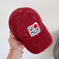 Loewe Anagram Love Heart Embroidery Baseball Cap In Worn Canvas Red