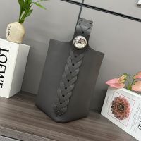 Loewe Large Pebble Bucket Bag with Woven Strap In Mellow Calfskin Deep Grey