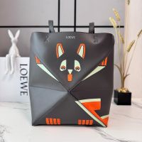 Loewe Medium Puzzle Fold Tote In Futurist Cat Motif Nappa Calfskin Deep Grey