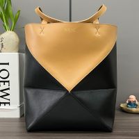 Loewe Medium Puzzle Fold Tote In Shiny Calfskin Black/Brown