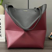 Loewe Medium Puzzle Fold Tote In Shiny Calfskin Crimson/Chocolate