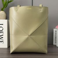 Loewe Medium Puzzle Fold Tote In Shiny Calfskin Moss Green