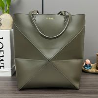 Loewe Medium Puzzle Fold Tote In Shiny Calfskin Olive