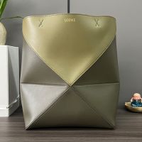 Loewe Medium Puzzle Fold Tote In Shiny Calfskin Olive/Moss Green