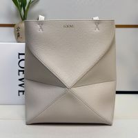 Loewe Medium Puzzle Fold Tote In Soft Grained Calfskin Light Grey