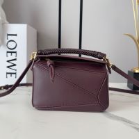 Loewe Mini Puzzle Bag with Woven Handle In Smooth Calfskin Burgundy
