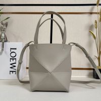 Loewe Mini Puzzle Fold Tote In Shiny Calfskin Grey