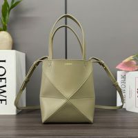 Loewe Mini Puzzle Fold Tote In Shiny Calfskin Moss Green