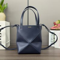 Loewe Mini Puzzle Fold Tote In Shiny Calfskin Navy Blue