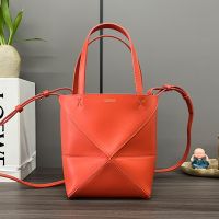Loewe Mini Puzzle Fold Tote In Shiny Calfskin Orange