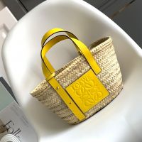 Loewe Small Basket Bag In Palm Leaf and Calfskin Beige/Yellow