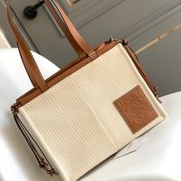 Loewe Small Cushion Tote Bag In Canvas and Calfskin Beige/Brown