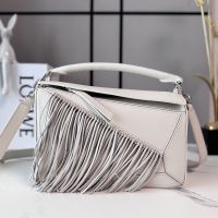 Loewe Small Puzzle Bag In Fringes Motif Classic Calfskin Soft White/Light Ghost