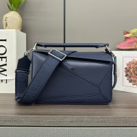 Loewe Small Puzzle Bag with Jacquard Strap In Satin Calfskin Navy Blue