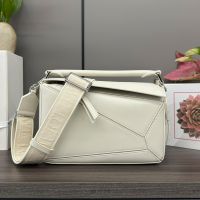 Loewe Small Puzzle Bag with Jacquard Strap In Satin Calfskin White