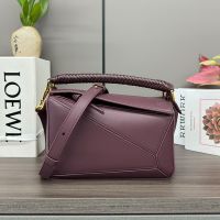 Loewe Small Puzzle Bag with Woven Handle In Smooth Calfskin Burgundy
