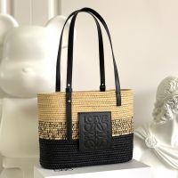 Loewe Small Square Basket Bag In Raffia and Calfskin Beige/Black