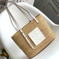 Loewe Small Square Basket Bag In Raffia and Calfskin Beige/White