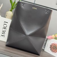 Loewe XL Puzzle Fold Tote In Shiny Calfskin Dark Grey