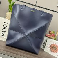 Loewe XL Puzzle Fold Tote In Shiny Calfskin Navy Blue