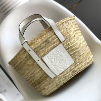 Loewe Medium Basket Bag In Palm Leaf and Calfskin Beige/White
