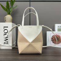 Loewe Mini Puzzle Fold Tote In Shiny Calfskin Apricot/White