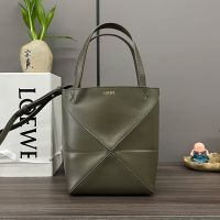 Loewe Mini Puzzle Fold Tote In Shiny Calfskin Olive