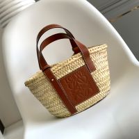 Loewe Small Basket Bag In Palm Leaf and Calfskin Beige/Brown