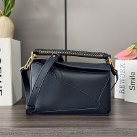 Loewe Small Puzzle Bag with Woven Handle In Smooth Calfskin Navy Blue