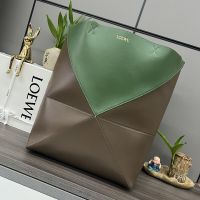Loewe XL Puzzle Fold Tote In Shiny Calfskin Coffee/Green