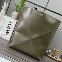 Loewe XL Puzzle Fold Tote In Shiny Calfskin Olive