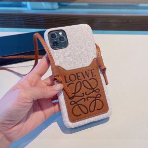 Loewe Anagram iPhone Case with Card Holder and Shoulder Strap In Silicon Brown/Beige