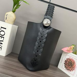 Loewe Large Pebble Bucket Bag with Woven Strap In Mellow Calfskin Black