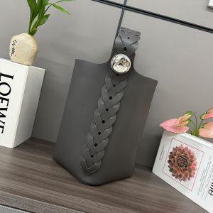 Loewe Large Pebble Bucket Bag with Woven Strap In Mellow Calfskin Deep Grey