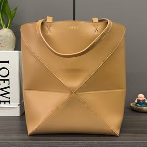 Loewe Medium Puzzle Fold Tote In Shiny Calfskin Brown