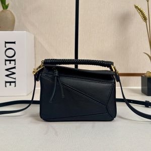 Loewe Mini Puzzle Bag with Woven Handle In Smooth Calfskin Black