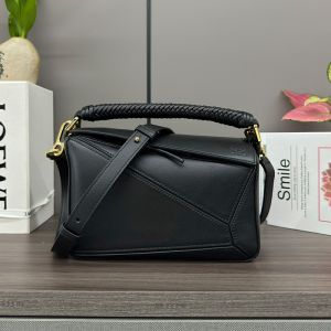 Loewe Small Puzzle Bag with Woven Handle In Smooth Calfskin Black