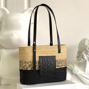 Loewe Small Square Basket Bag In Raffia and Calfskin Beige/Black