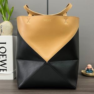 Loewe Medium Puzzle Fold Tote In Shiny Calfskin Black/Brown