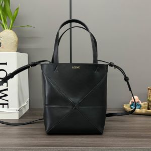 Loewe Mini Puzzle Fold Tote In Shiny Calfskin Black