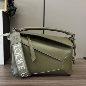 Loewe Small Puzzle Edge Bag with Jacquard Strap In Satin Calfskin Olive