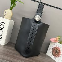 Loewe Large Pebble Bucket Bag with Woven Strap In Mellow Calfskin Black