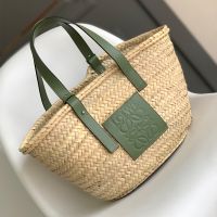 Loewe Medium Basket Bag In Palm Leaf and Calfskin Beige/Green