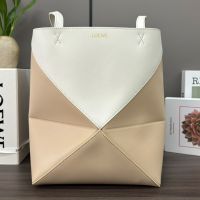 Loewe Medium Puzzle Fold Tote In Shiny Calfskin Apricot/White