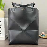 Loewe Medium Puzzle Fold Tote In Shiny Calfskin Black