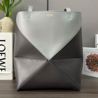 Loewe Medium Puzzle Fold Tote In Shiny Calfskin Coffee/Grey