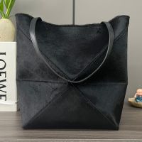 Loewe Medium Puzzle Fold Tote In Suede Black