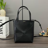 Loewe Mini Puzzle Fold Tote In Shiny Calfskin Black