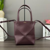 Loewe Mini Puzzle Fold Tote In Shiny Calfskin Burgundy